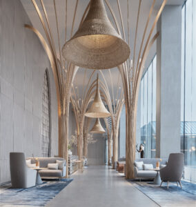 Image of a long corridor with chairs either side